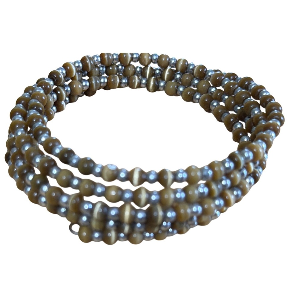 Boho Golden Brown Cats Eye Beaded Multi Strand Memory Wire Wrap Bracelet Earthy